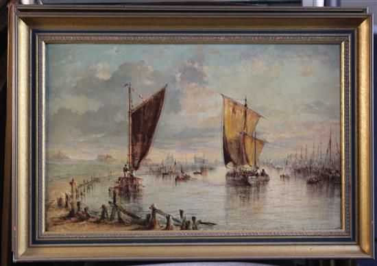 Late 19th century English School Fishing boats along the coast, 14 x 22in.